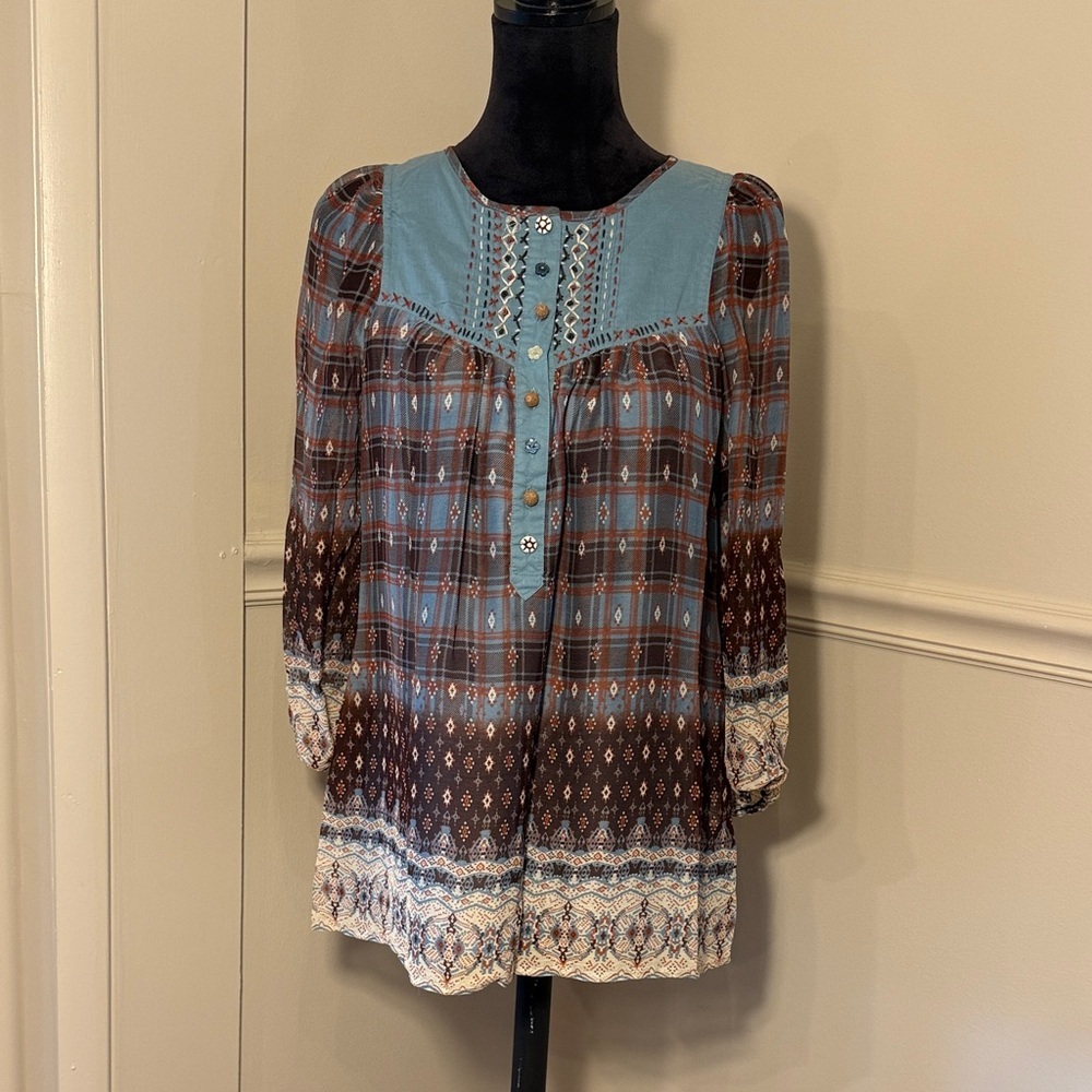 Boho Plaid & Embroidered Tunic Top in Blue and Brown